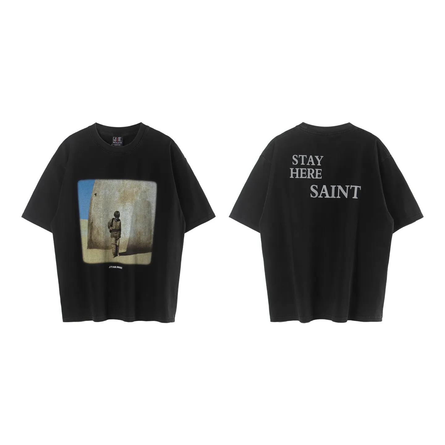 🧸Saint Michael 25SS "STAY HERE" Star Wars co-branded washed short-sleeved T-shirt trendy p136 Style number: 014-2 Size: M-XL 260g high weight pure cotton! Thick and stiff, with invincible texture and high-grade washing and distressing! Soft, retro, comfortable to wear, white ink direct injection process! Clear and breathable, non-sticky and non-cracked. Loose fit, suitable for both men and women to control as they please.